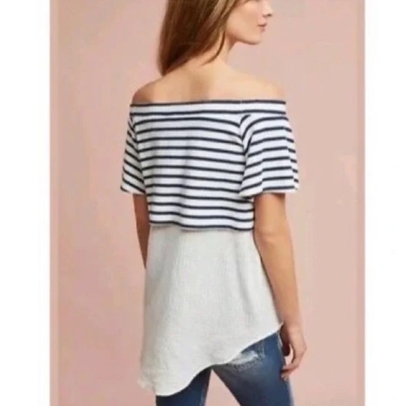 Anthropologie Postcard Off The Shoulder White & Blue Striped Top - Picture 3 of 7